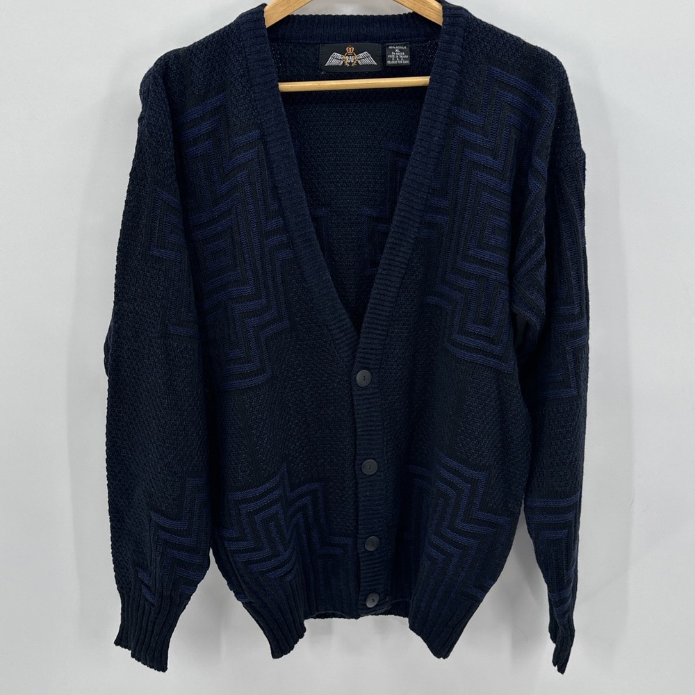 Raf‎ Long Sleeve V Neck Cardigan Men Aztec Acrylic XL Geometric Grampa Sweater